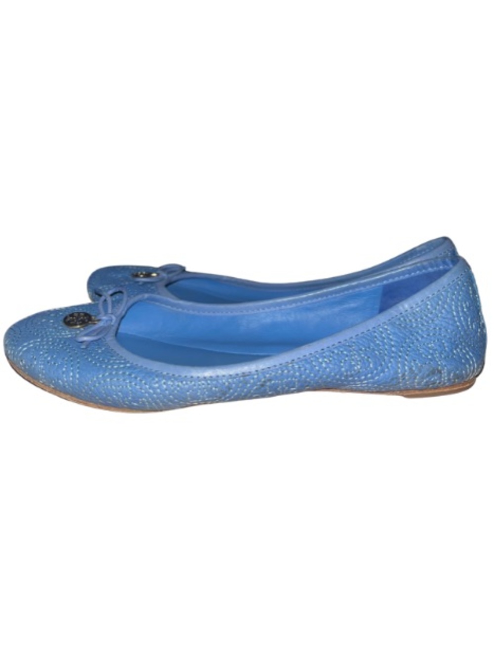 Tory Burch Chelsea Ballet Flats Ocean Blue Pebbled Leather Bow Logo Charm 7.5M - Picture 4 of 8